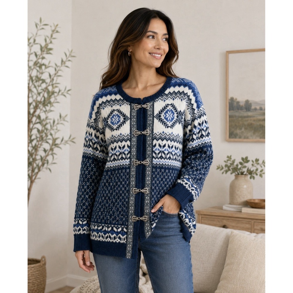 Vintage Woolrich Nordic Fair Isle Wool Cardigan Sweater Metal Clasp Womens Small
